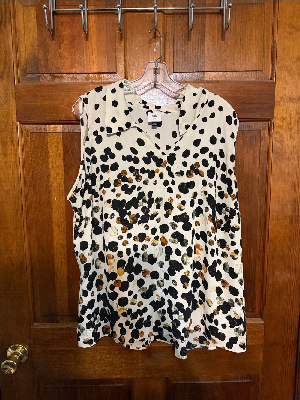 CAbi Ivory Animal-Spot Sleeveless Collared V-Neck Top